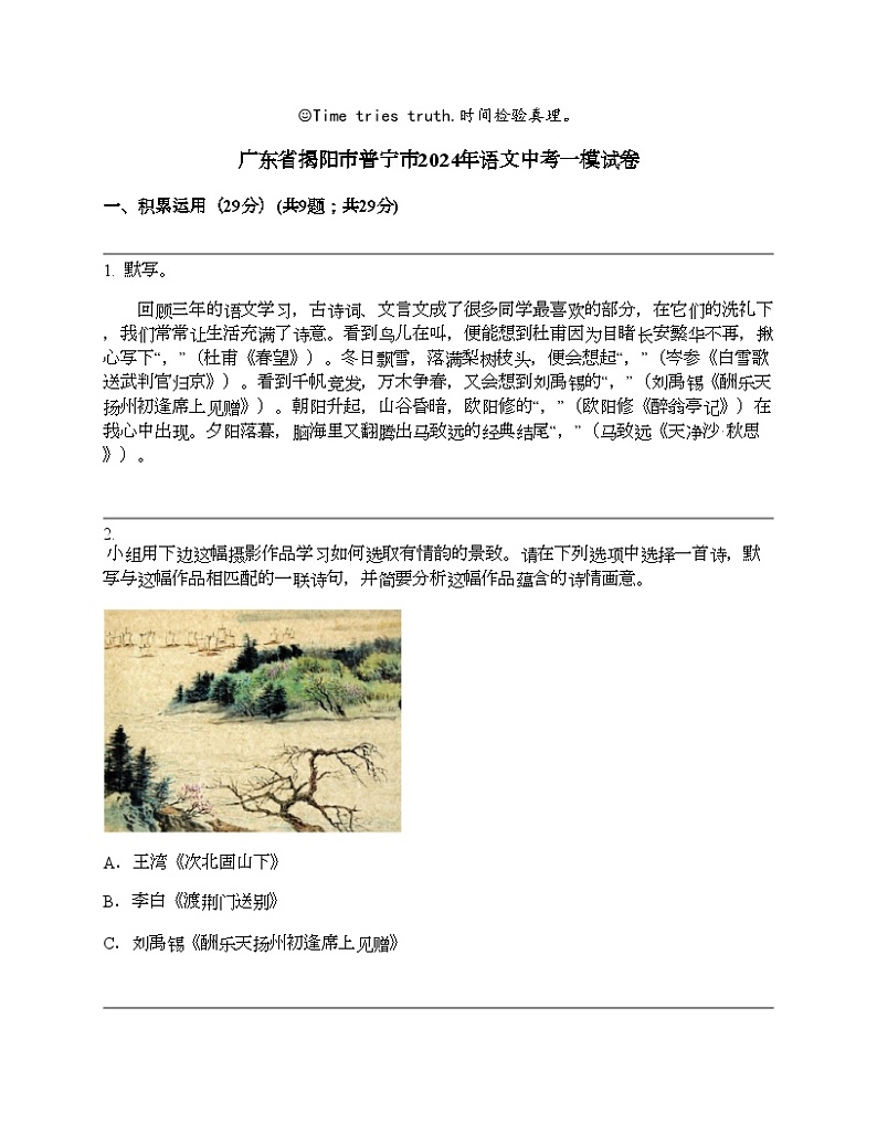 广东省揭阳市普宁市2024年语文中考一模试卷01