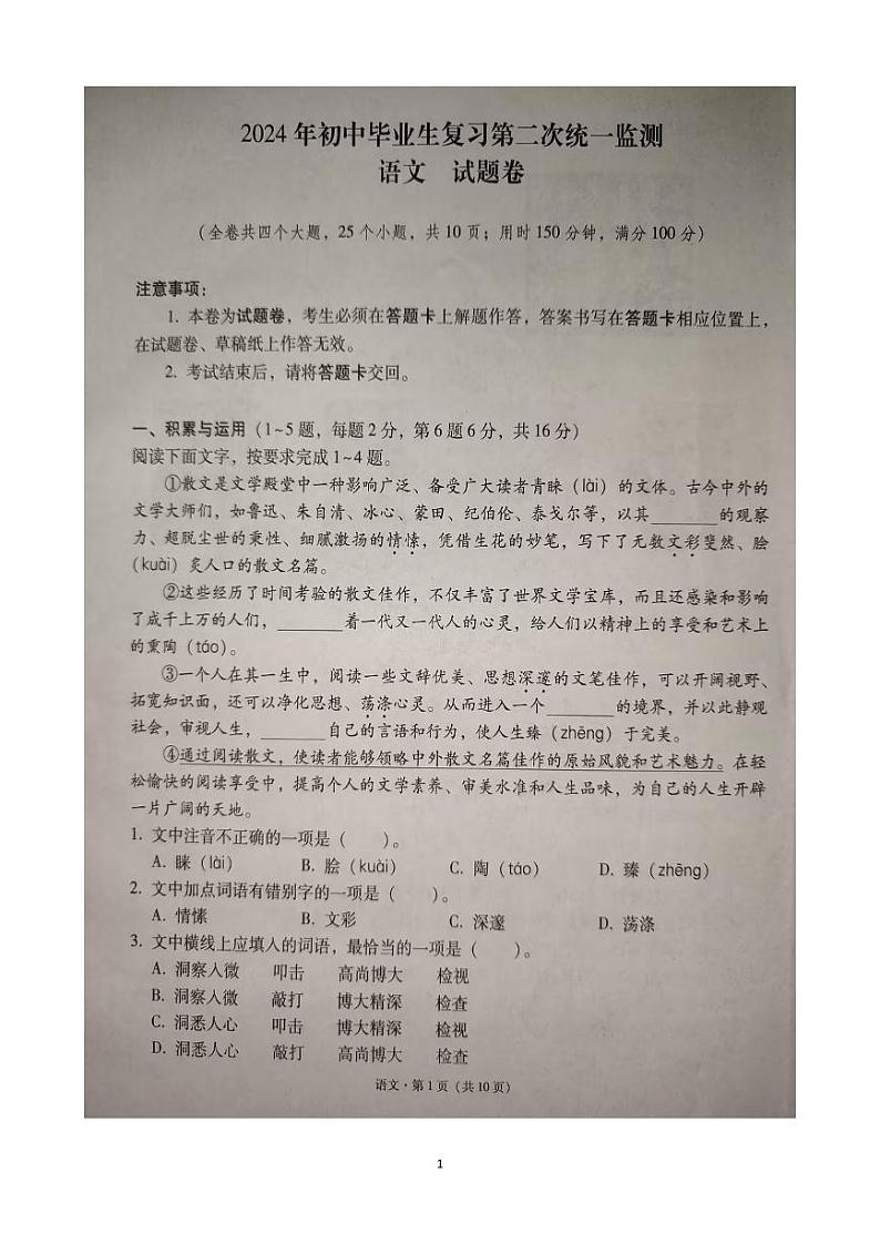 2024年云南省文山壮族苗族自治州中考二模语文试题第1页