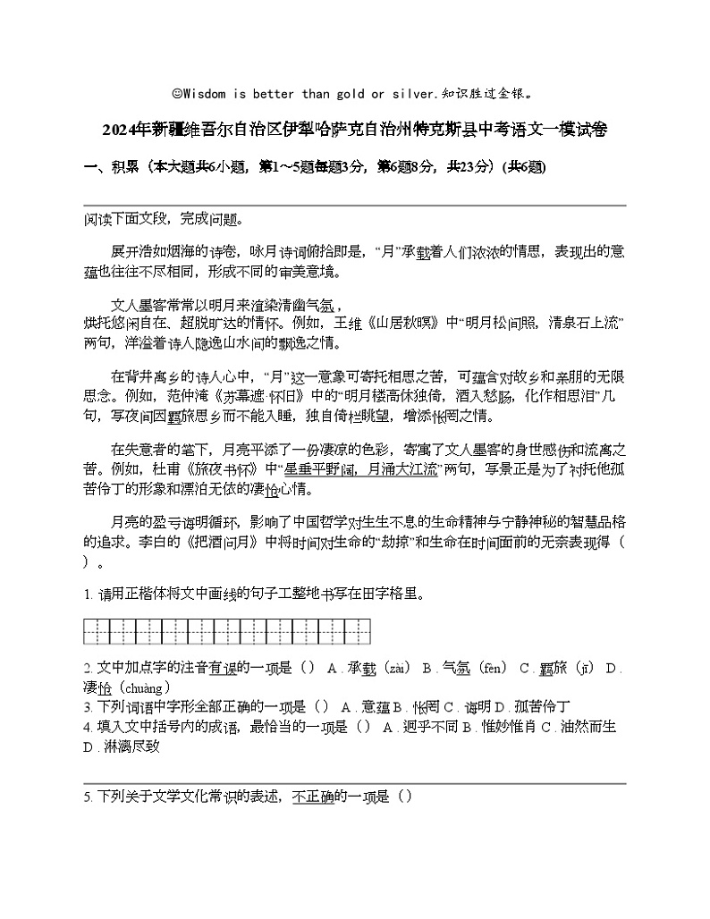 2024年新疆维吾尔自治区伊犁哈萨克自治州特克斯县中考语文一模试卷01