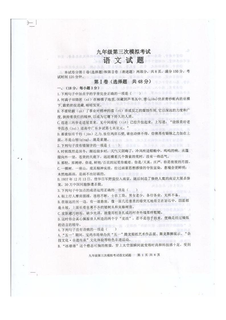 2024年山东省泰安市新泰市中考三模语文试题第1页