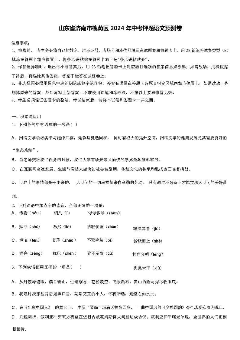 山东省济南市槐荫区 2024 年中考押题语文预测卷（解析版）01