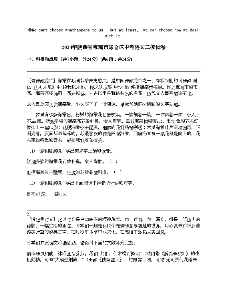 2024年陕西省宝鸡市陈仓区中考语文二模试卷01