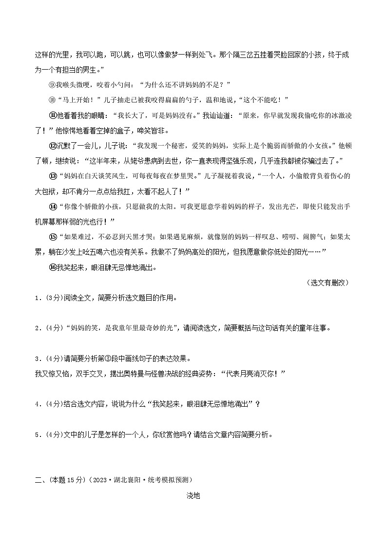 2024中考语文二轮复习讲练测(全国通用)专题11记叙文阅读——小说(测试)(原卷版+解析)02
