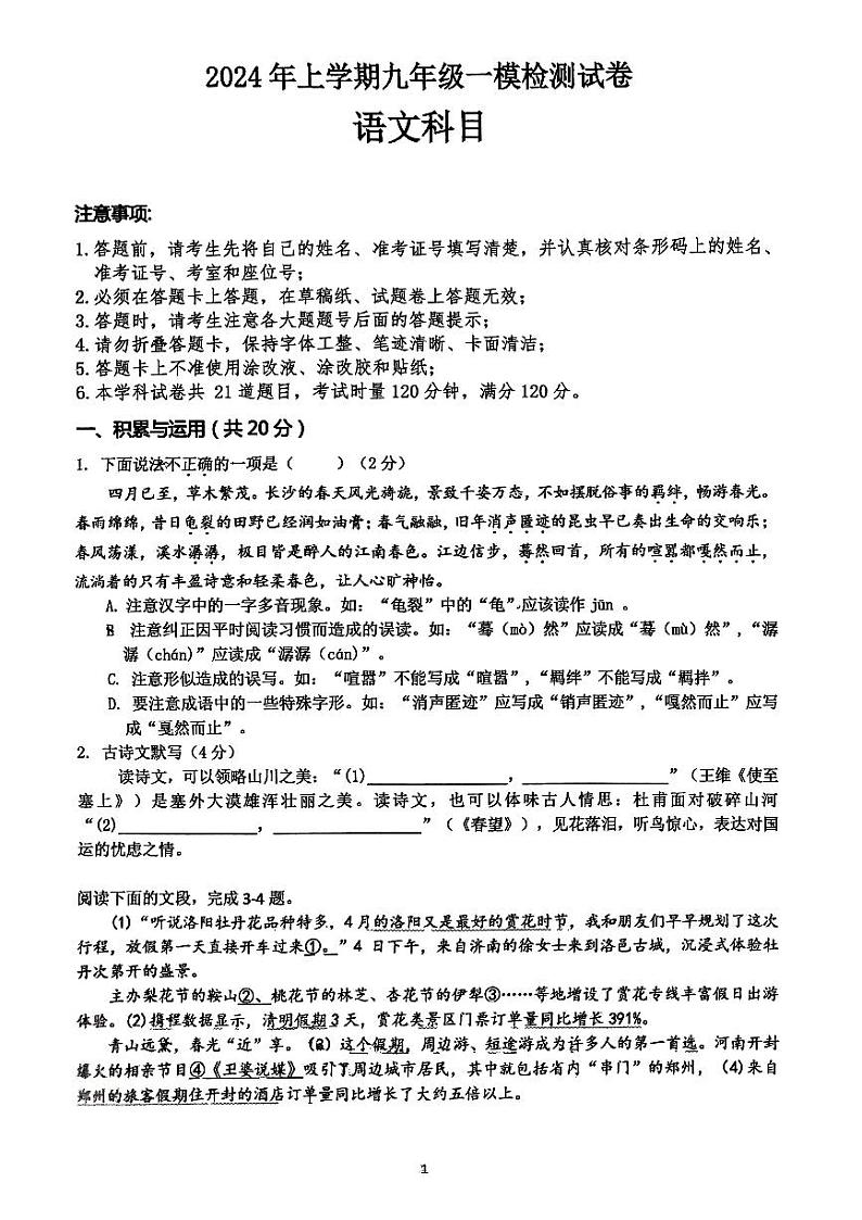 2024年湖南省长沙市雅礼教育集团中考一模考试语文试题01