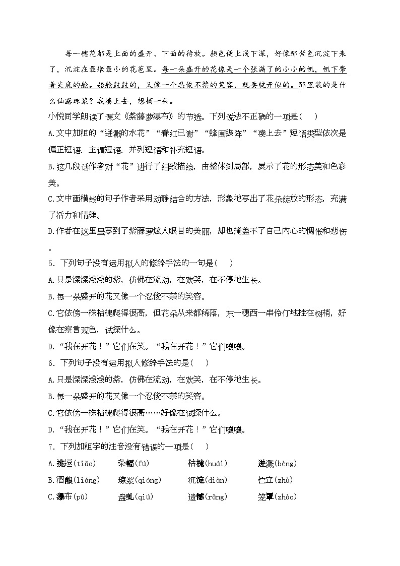 18. 紫藤萝瀑布——七年级下册人教部编版语文优选100题(含答案)02