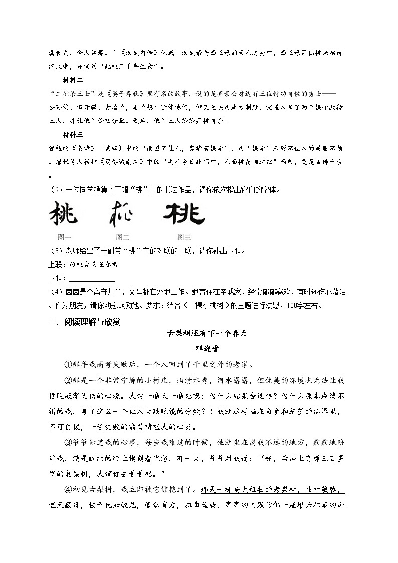 19. 一颗小桃树——七年级下册人教部编版语文优选100题(含答案)03