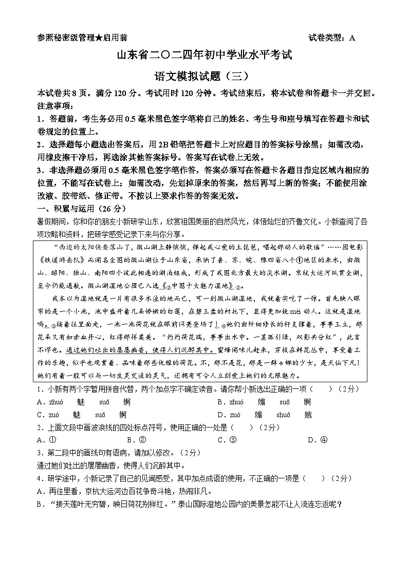 2024年山东省聊城市临清市中考模拟（三）语文试题第1页
