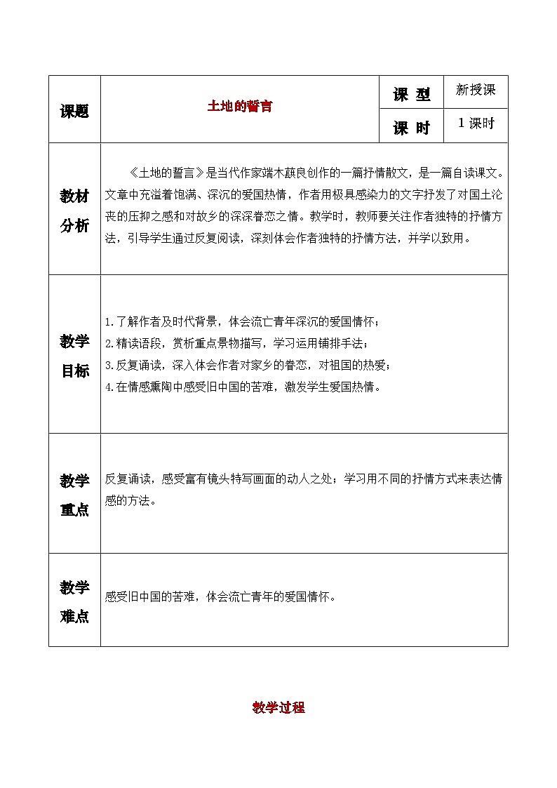 部编版七年级下册第八课《土地的誓言 》课件+教案01