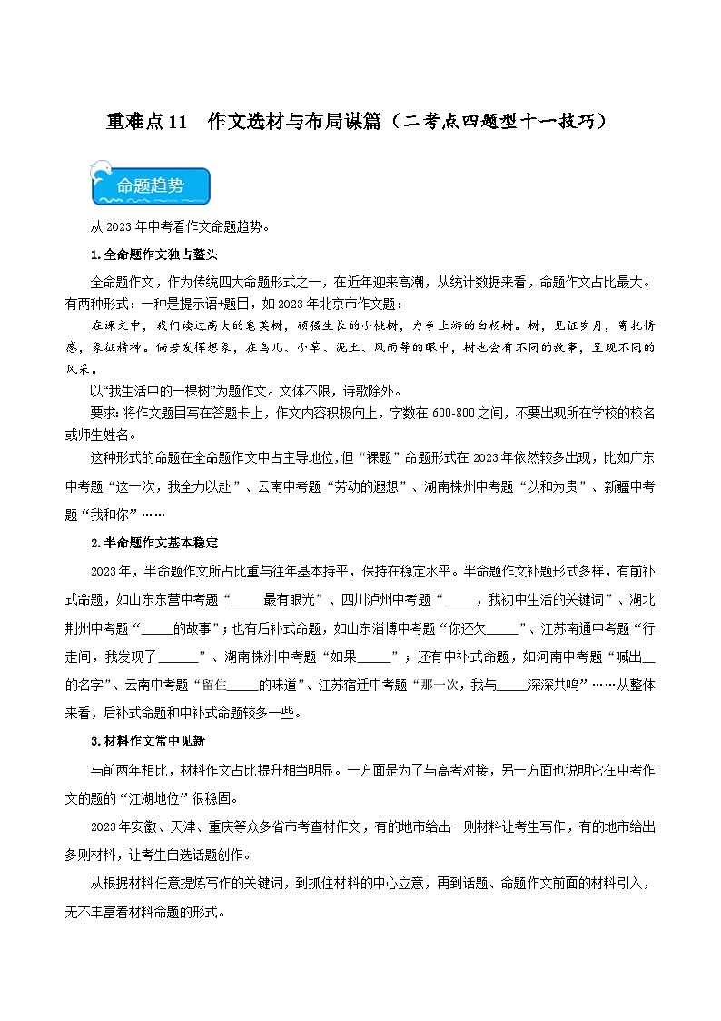 重点难点11 作文的选材构思-2024年中考语文【热点·重点·难点】专练（全国通用）01