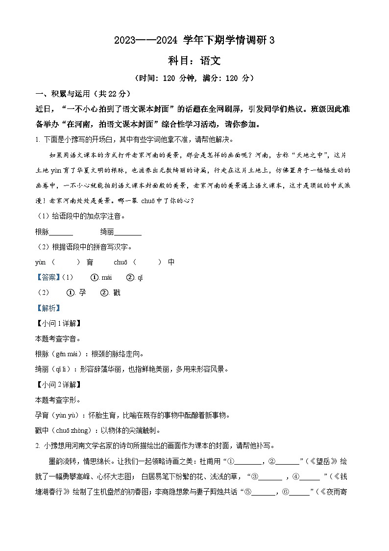 2024年河南省实验中学中考三模语文试题（原卷版+解析版）01