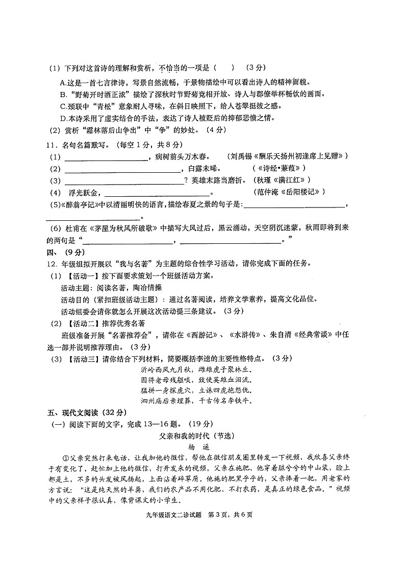 2024年四川省绵阳市三台县中考二模语文试题第3页