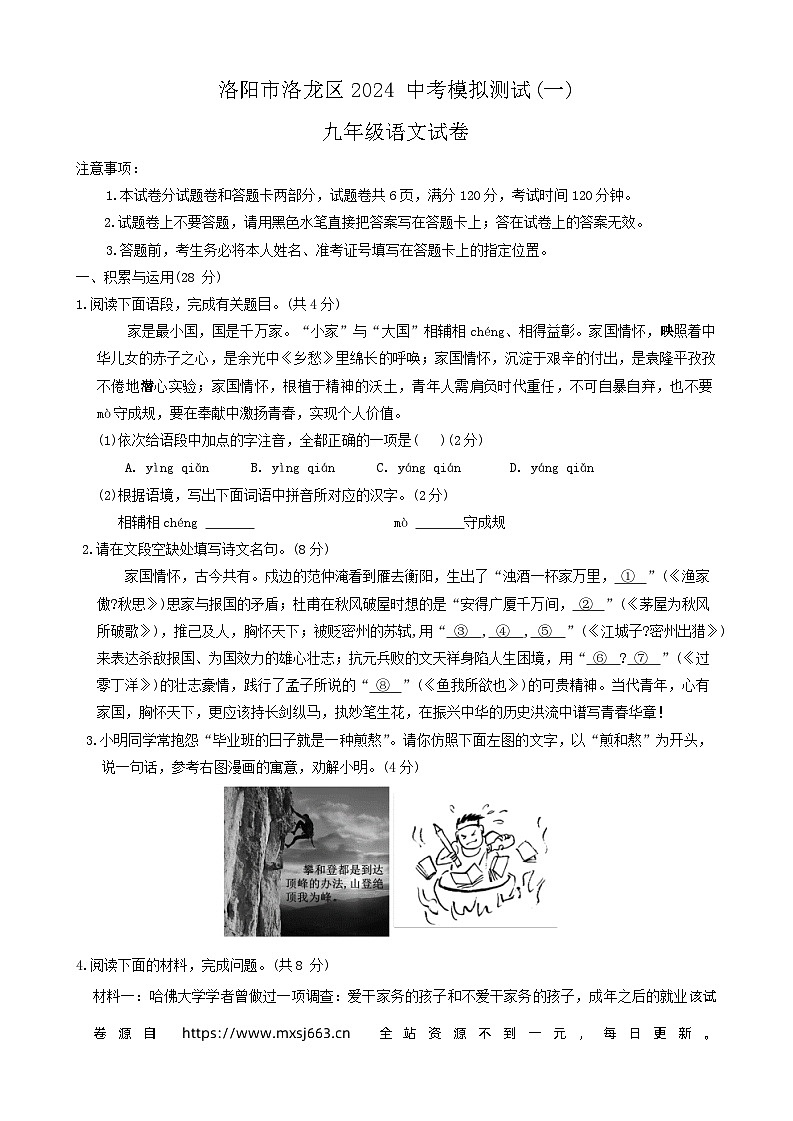 2024年河南省洛阳市洛龙区中考一模语文试题第1页