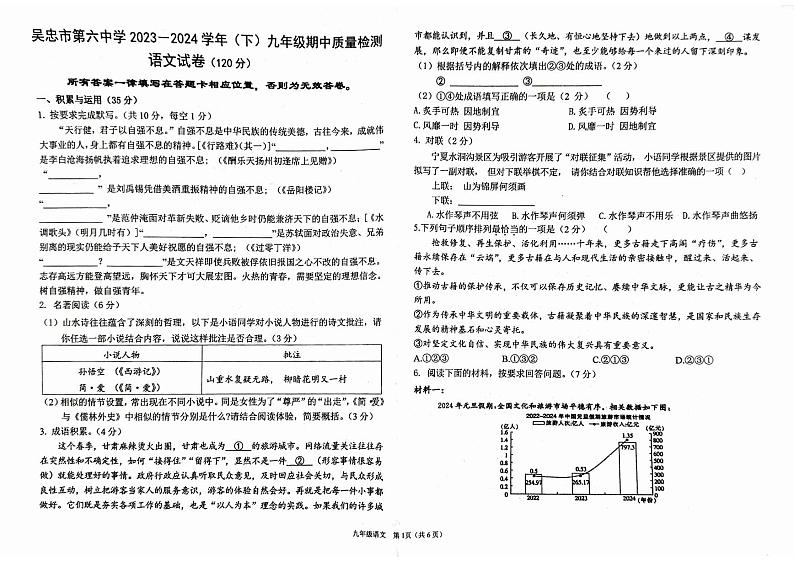 宁夏吴忠市第六中学等学校联考2023-2024学年九年级下学期期中考试语文试题第1页