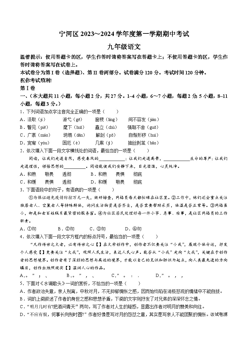11，天津市宁河区2023-2024学年九年级上学期期中语文试题01
