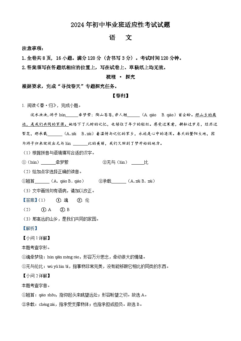 2024年浙江省绍兴市中考一模语文试题01