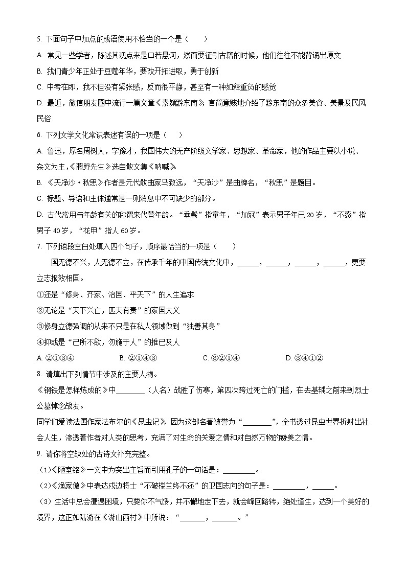 2024年西藏自治区日喀则市江孜县中考一模语文试题（原卷版）第2页