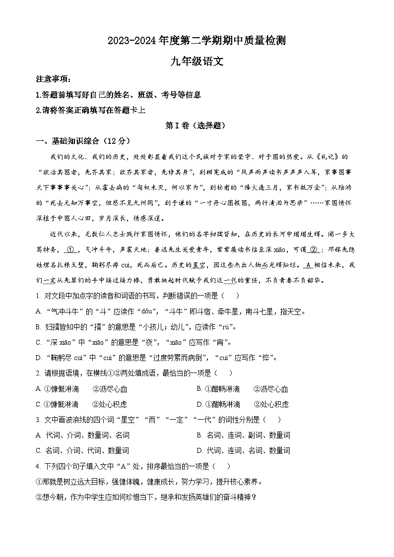 甘肃省武威市凉州区2023-2024学年九年级下学期期中语文试题01