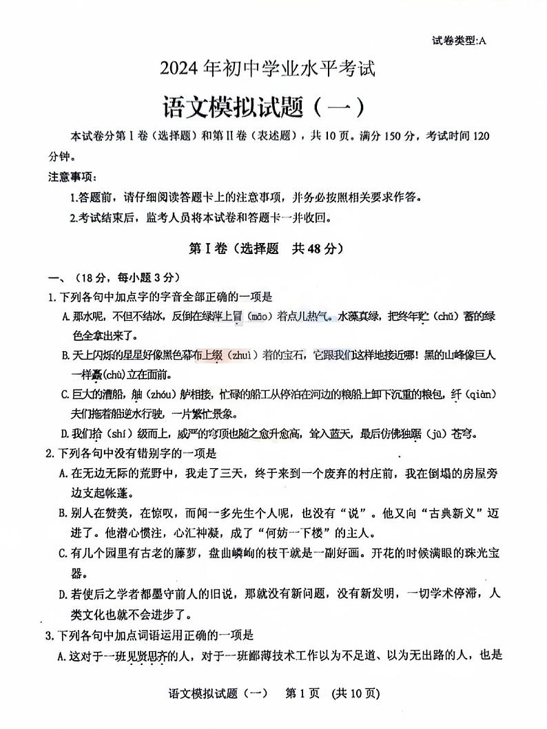 2024年山东省肥城市中考二模语文试题01