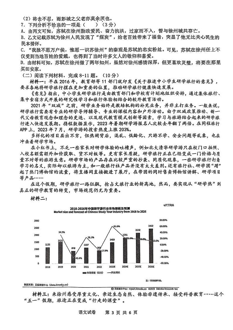 2024年江苏省徐州市沛县多校中考押题考试（三模）语文题第3页