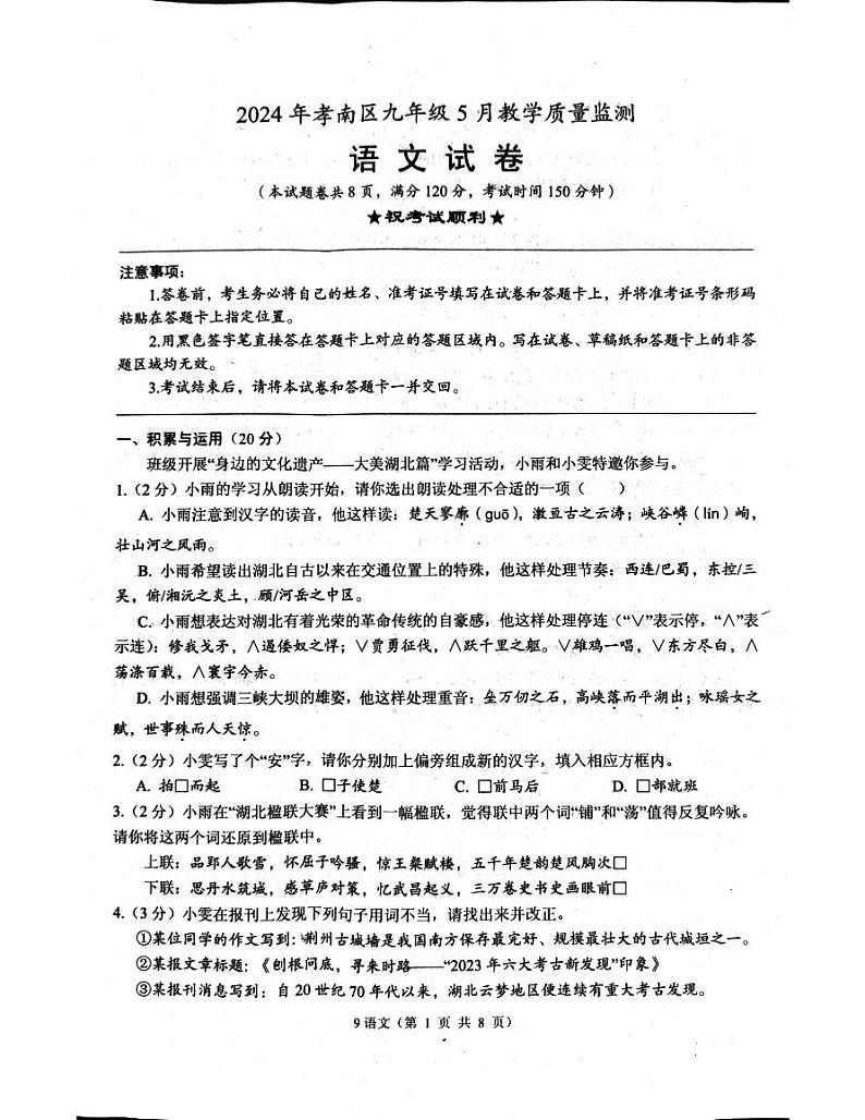 2024年湖北省孝感市孝南区中考三模语文试题01