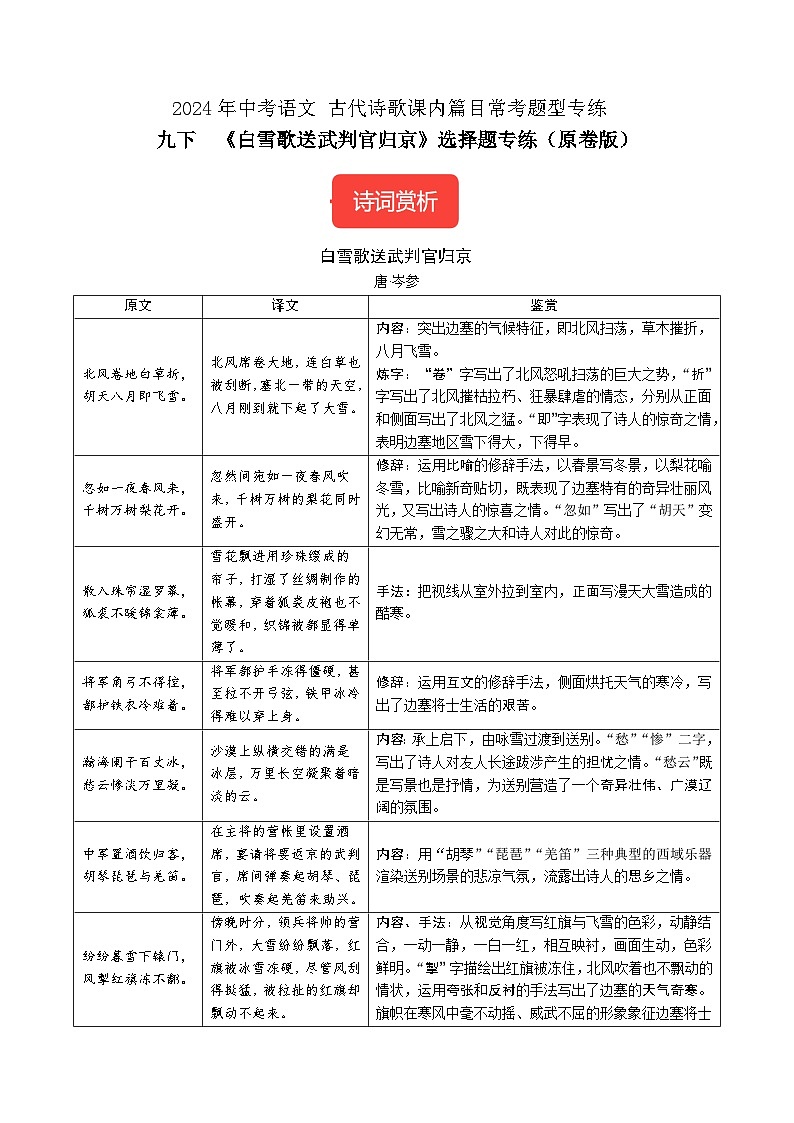九下《白雪歌送武判官归京》选择题专练-冲刺2024年中考语文古代诗歌课内篇目专练（（原卷版）01