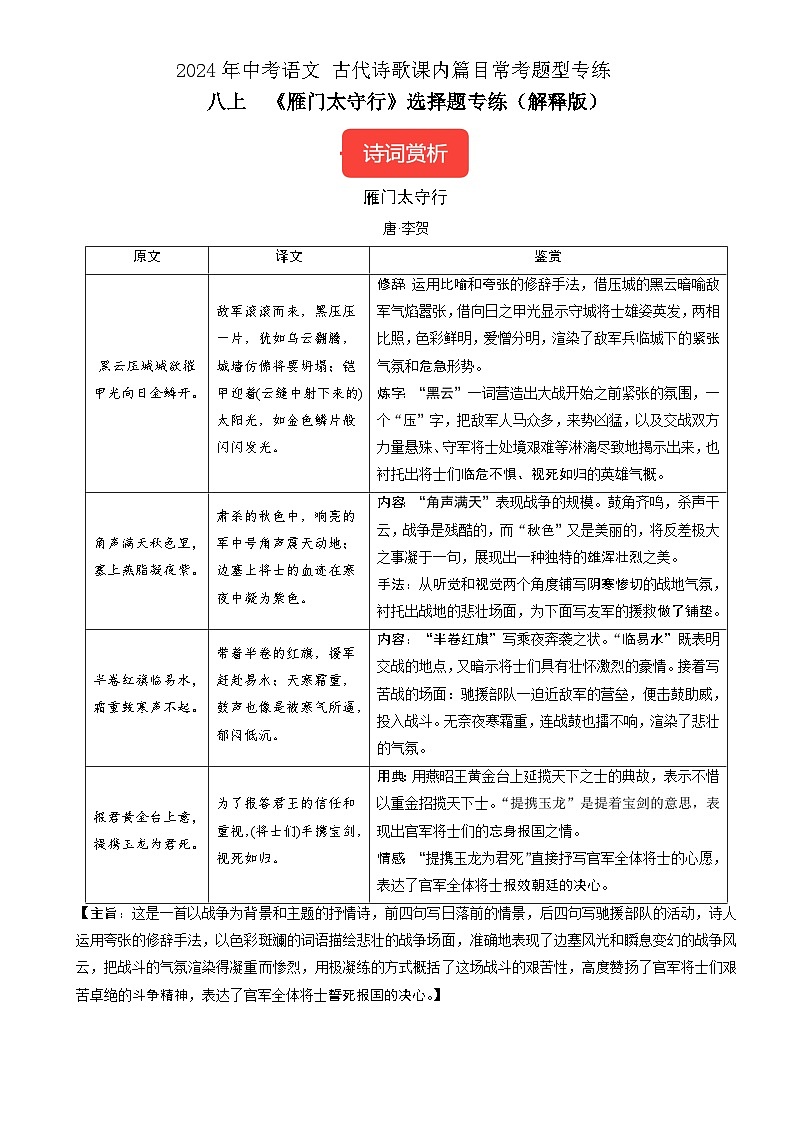 八上《雁门太守行》选择题专练-冲刺2024年中考语文古代诗歌课内篇目常考题型专练（解析版）01