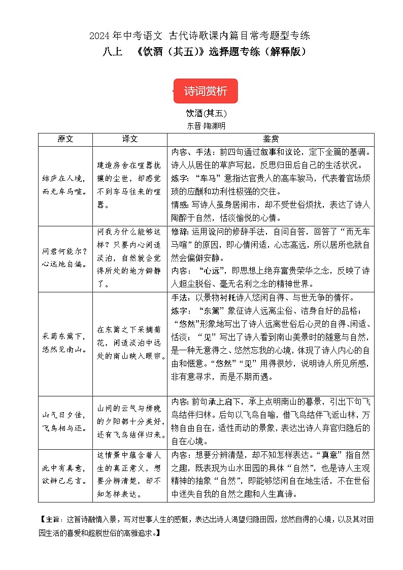 八上《饮酒(其五)》选择题专练-冲刺2024年中考语文古代诗歌课内篇目常考题型专练（解析版）01