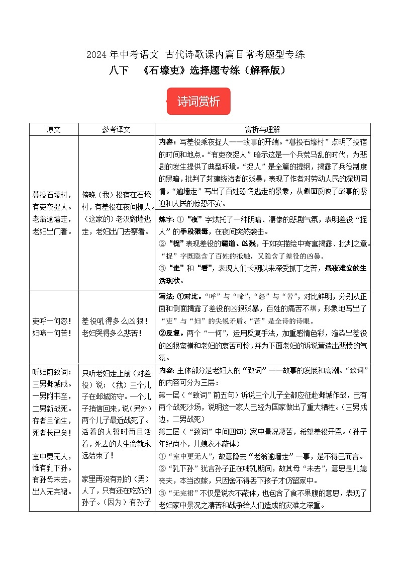 八下《石壕吏》选择题专练-冲刺2024年中考语文古代诗歌课内篇目常考题型专练（解析版）第1页