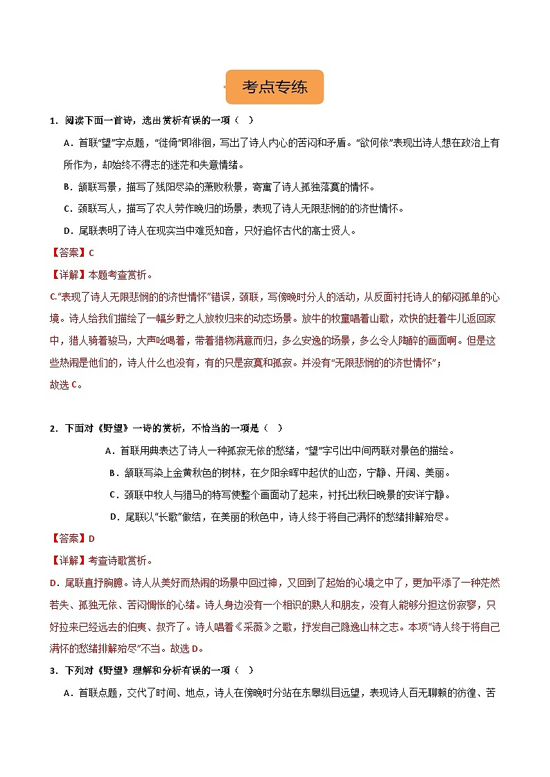 八上《野望》选择题专练-冲刺2024年中考语文古代诗歌课内篇目常考题型专练（解析版）第2页