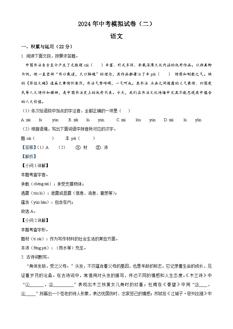 2024年河南省南阳市唐河县中考二模语文试题（原卷版+解析版）01