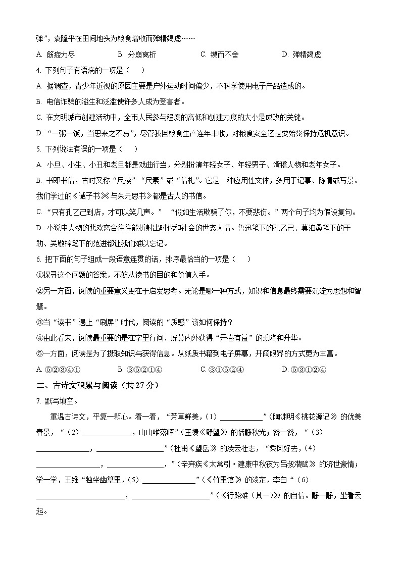 2024年山东省淄博市高青县中考一模语文试题（原卷+解析）02