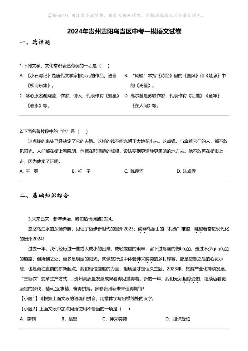 2024年贵州贵阳乌当区中考一模语文试卷01