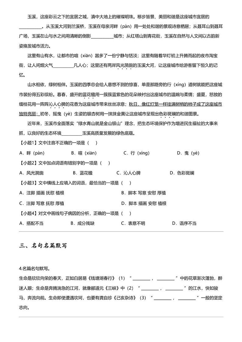 2024年云南玉溪中考一模语文试卷第2页