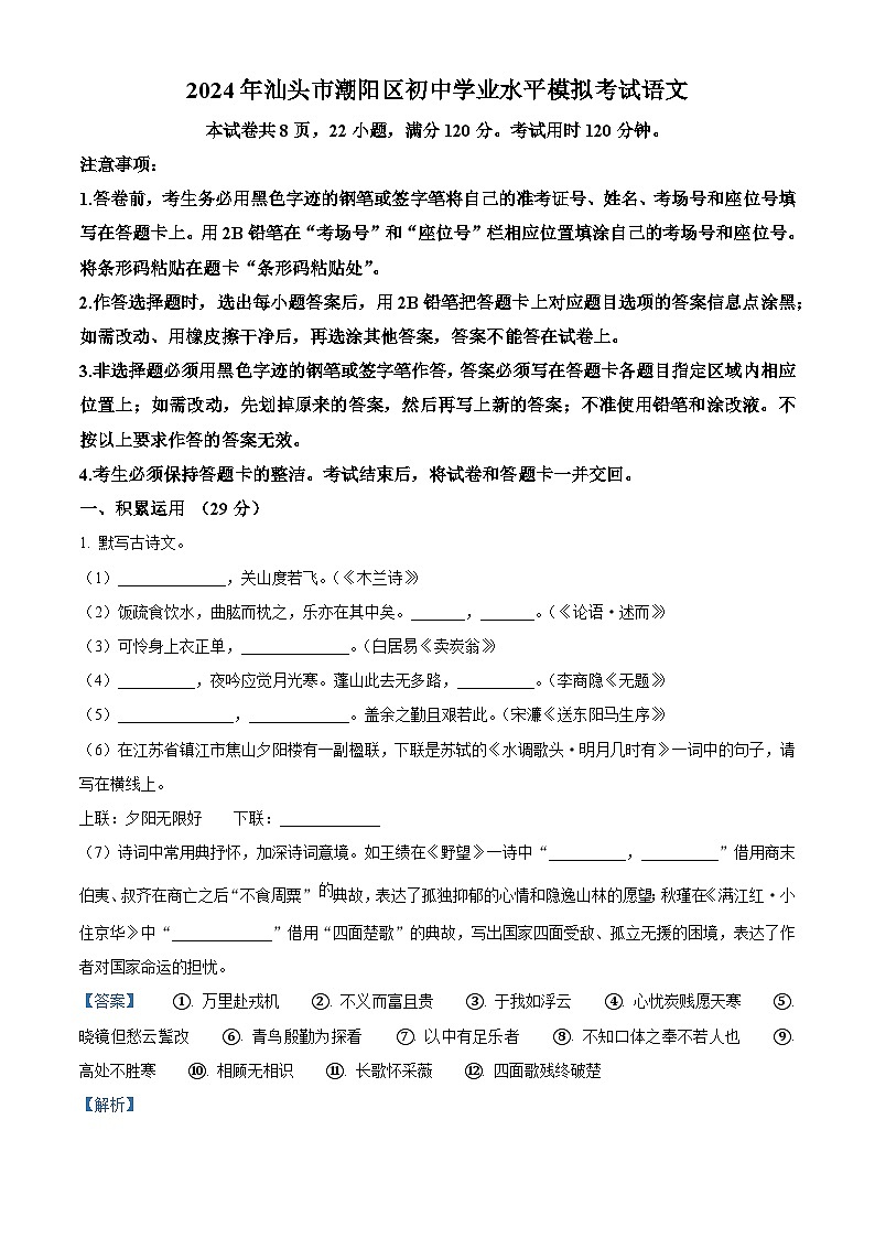 2024年广东省汕头市潮阳区中考一模语文试题（原卷版+解析版）01