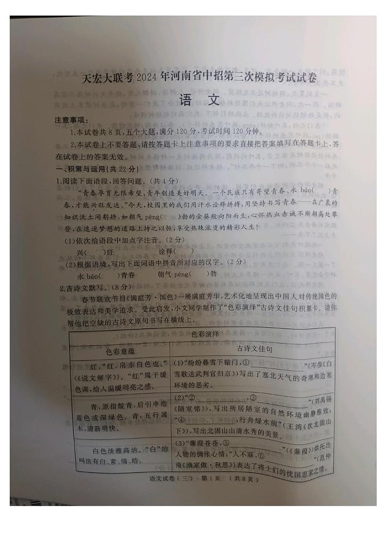 2024年河南省驻马店市中考三模语文试题第1页