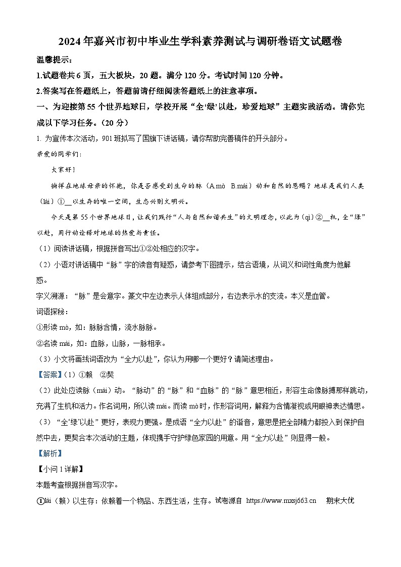 19，2024年浙江省嘉兴市中考二模语文试题01
