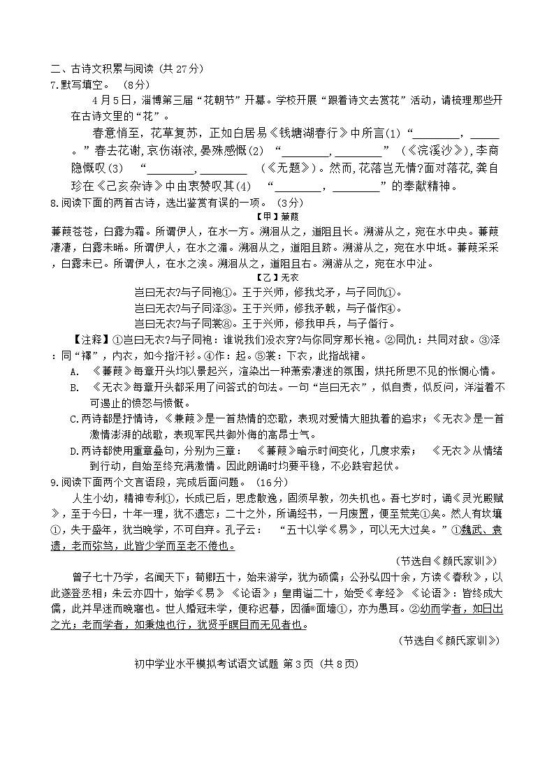 2024年山东省淄博市周村区中考二模语文试卷03