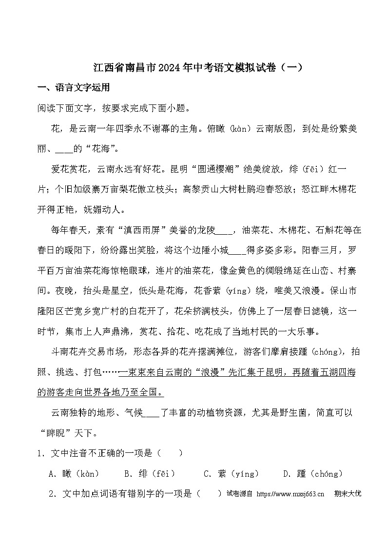27，2024年江西省南昌市中考语文模拟试卷01