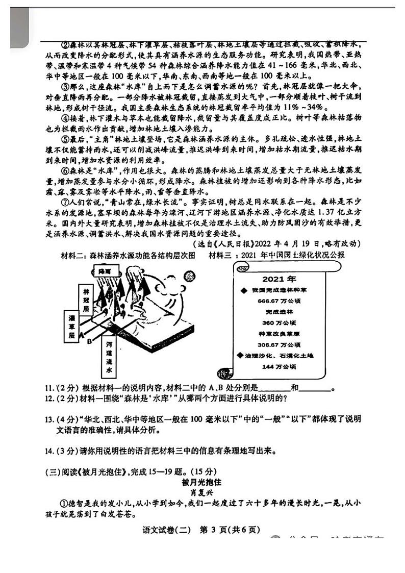 2024年哈尔滨市阿城区九年级二模语文试卷和答案第3页