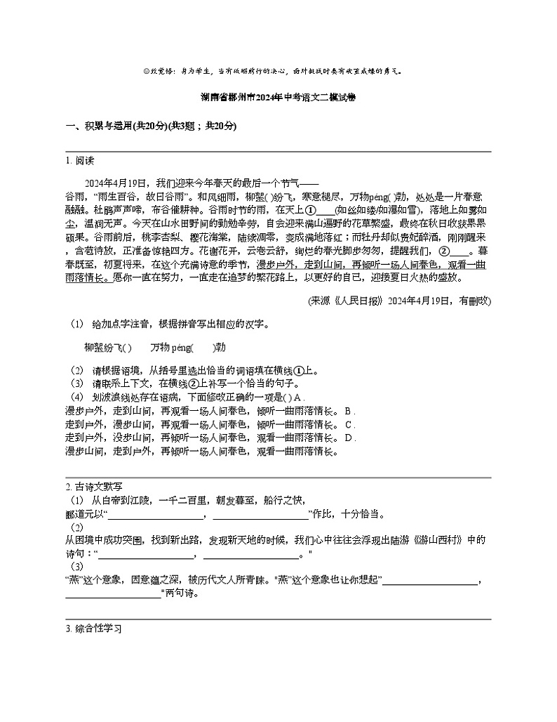 湖南省郴州市2024年中考语文二模试卷01