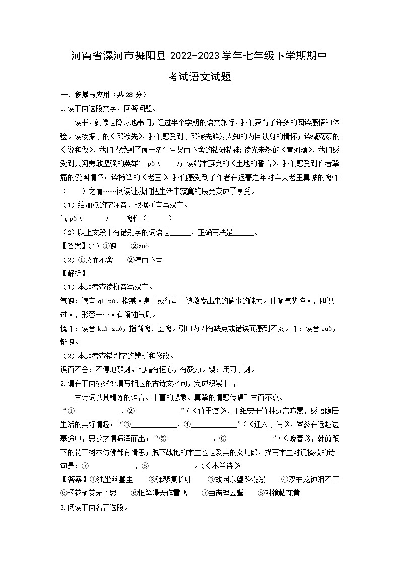 河南省漯河市舞阳县2022-2023学年七年级下学期期中考试语文试卷（解析版）第1页