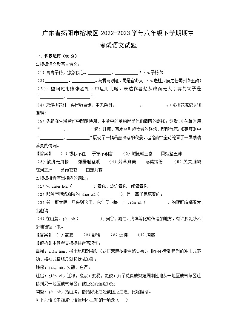 广东省揭阳市榕城区2022-2023学年八年级下学期期中考试语文试卷（解析版）01