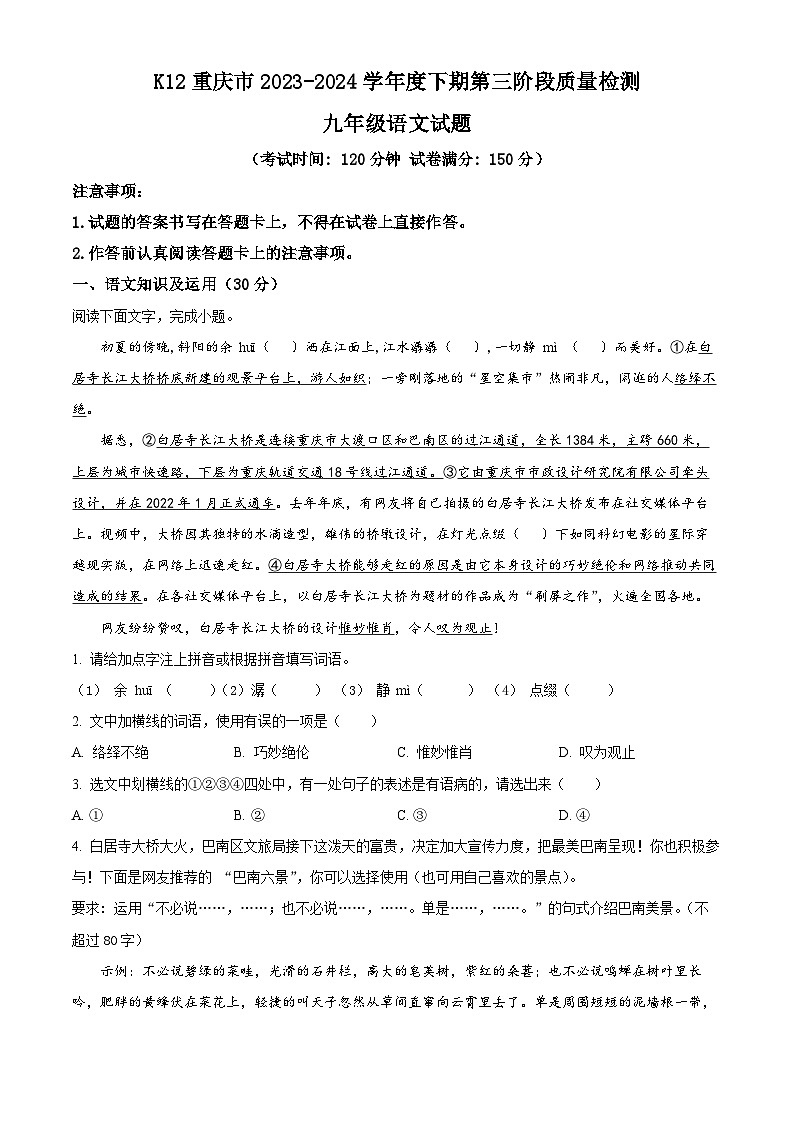 2024年重庆市市实验中学教育集团中考三模语文试题（学生版）第1页