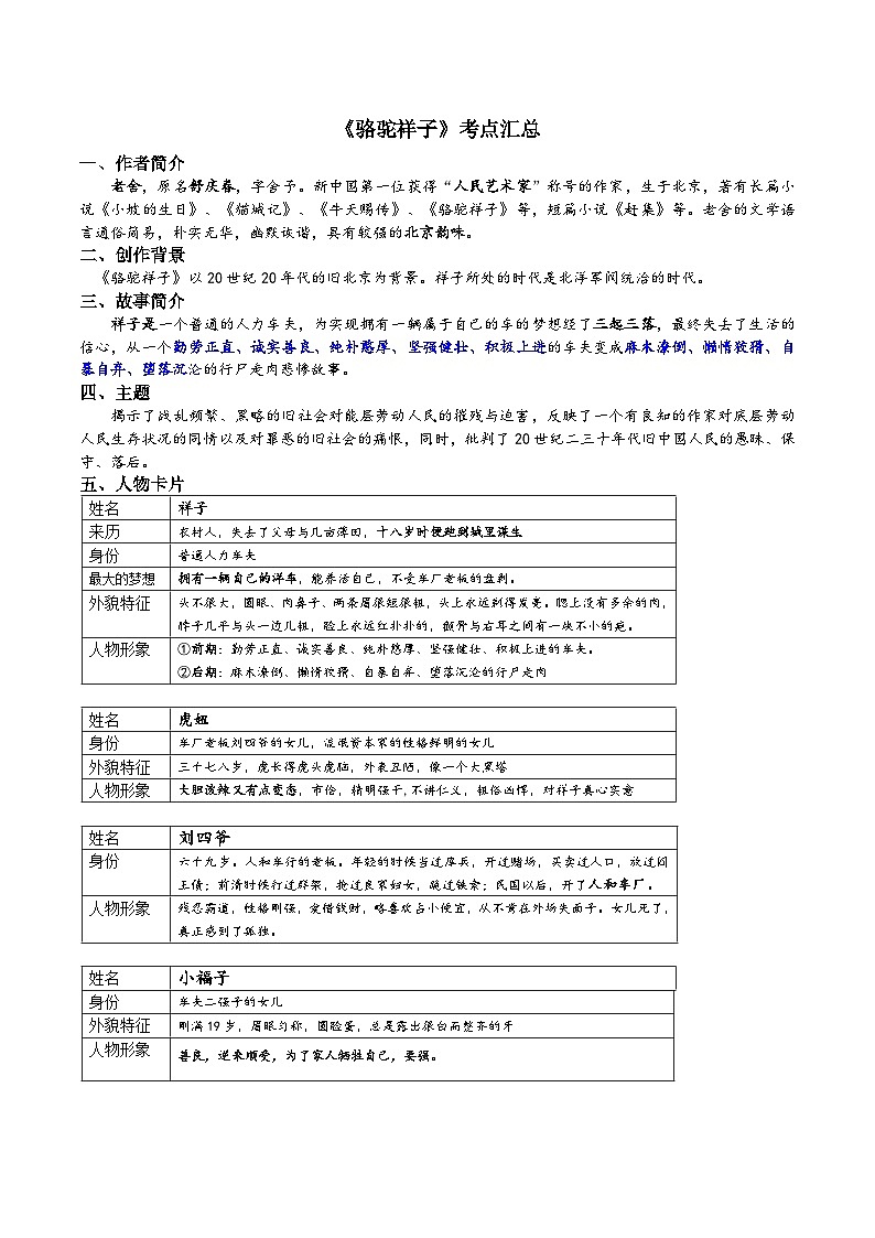 第三单元名著导读《骆驼祥子》知识点梳理2023—2024学年统编版语文七年级下册第1页