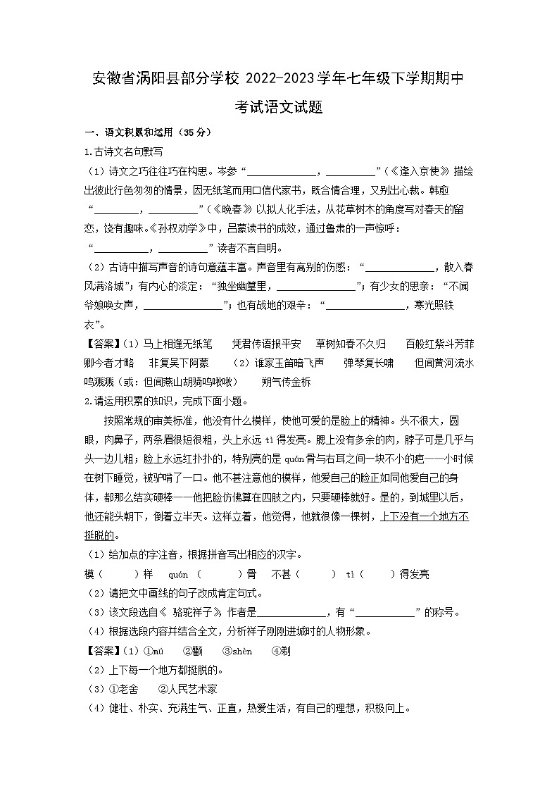 安徽省涡阳县部分学校2022-2023学年七年级下学期期中考试语文试卷（解析版）01