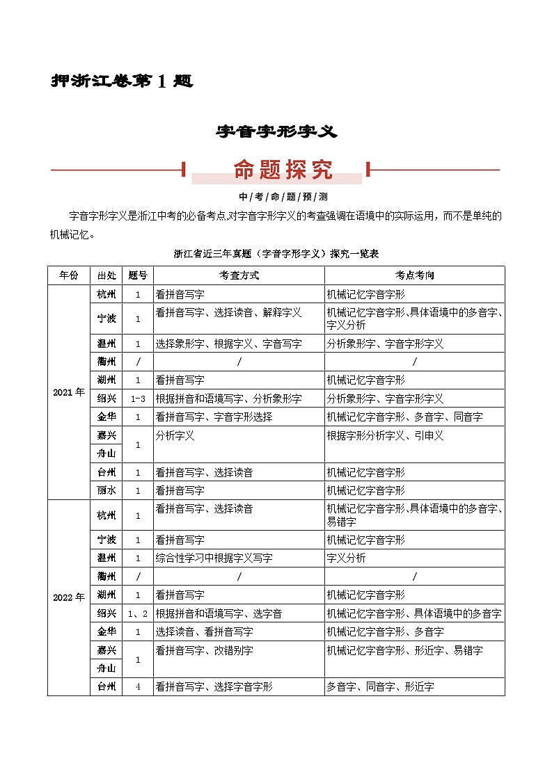 备战2024年中考语文临考题号押题（浙江卷）-押浙江统考卷第1题 字音字形字义（原卷版+解析版）01