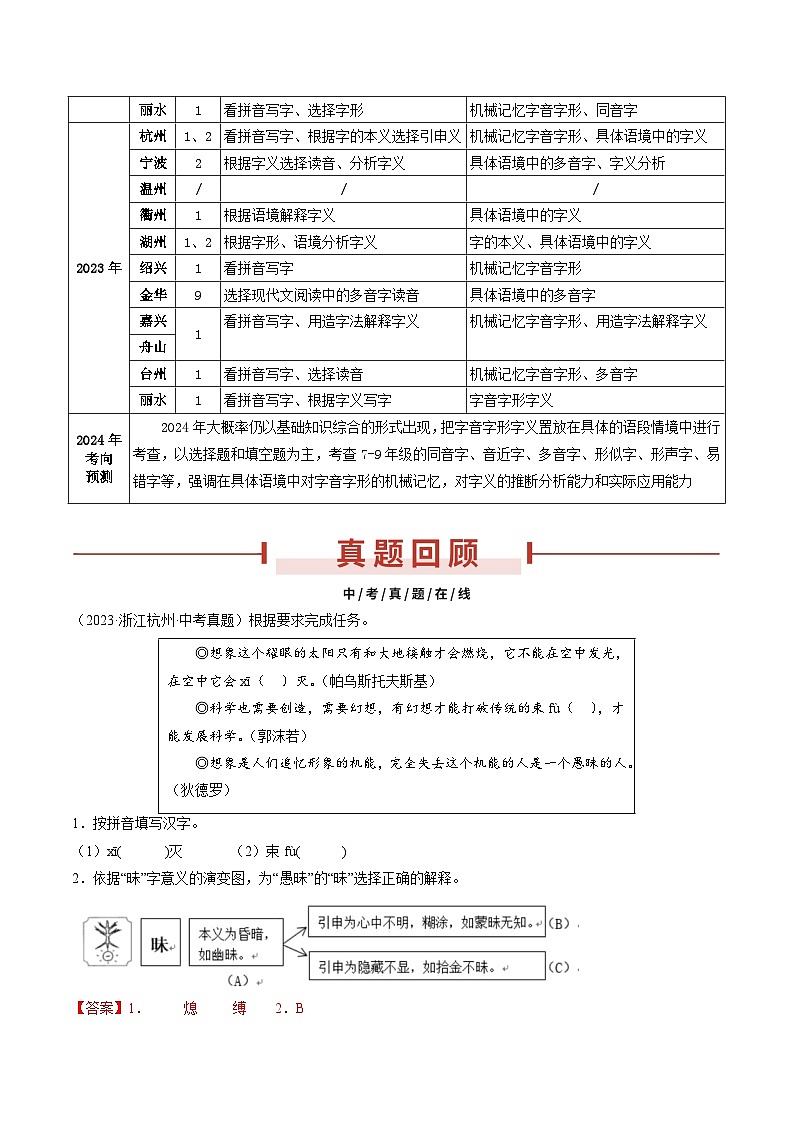 备战2024年中考语文临考题号押题（浙江卷）-押浙江统考卷第1题 字音字形字义（原卷版+解析版）02