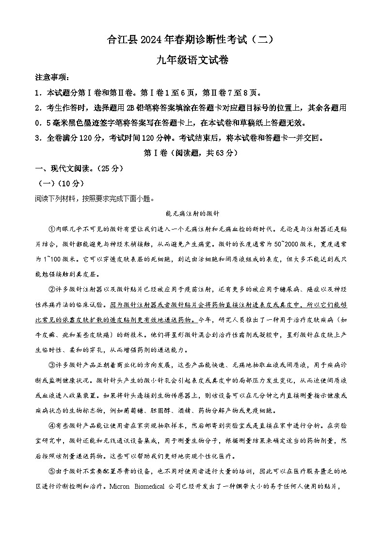 2024年四川省泸州市合江县中考二模语文试题（学生版+教师版）01