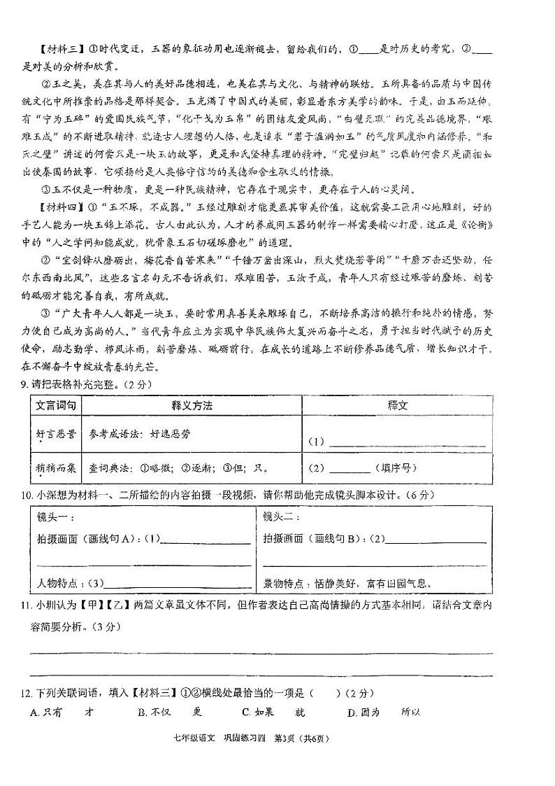 广东省深圳市龙华区万安学校2023-2024学年七年级下学期5月月考语文试题第3页