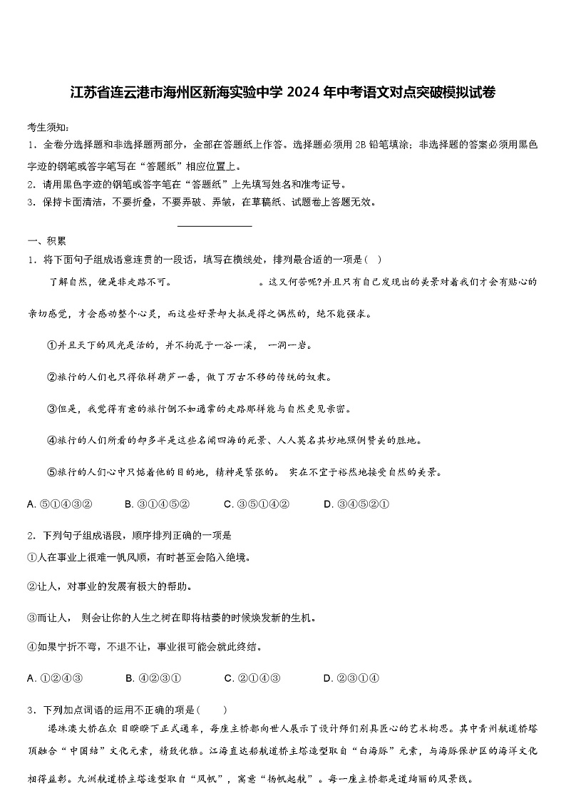 江苏省连云港市海州区新海实验中学2024年中考语文对点突破模拟试题（解析版）第1页